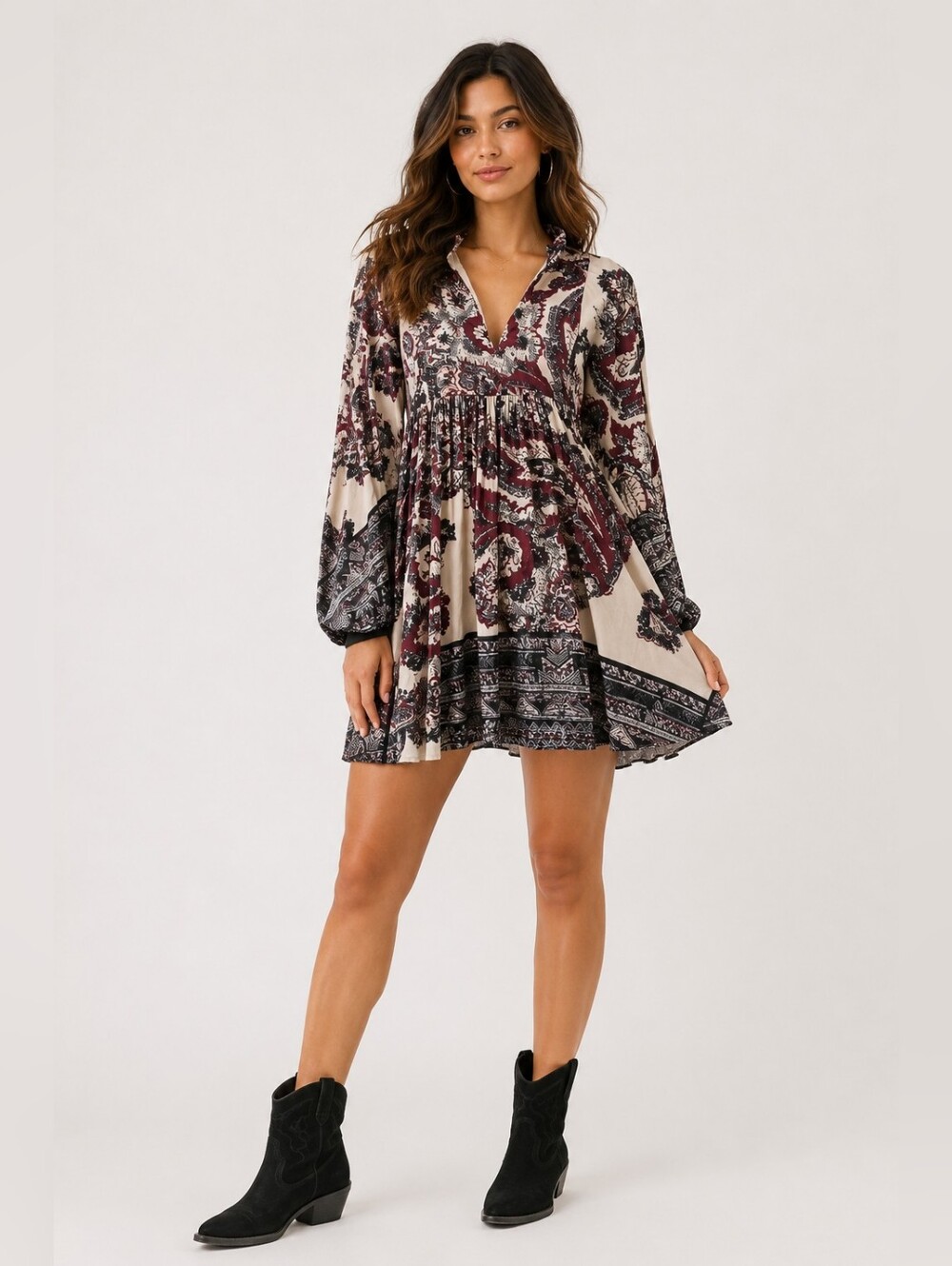 Free People Say You Love Me Paisley Boho Babydoll Cottage Mini Dress Size M